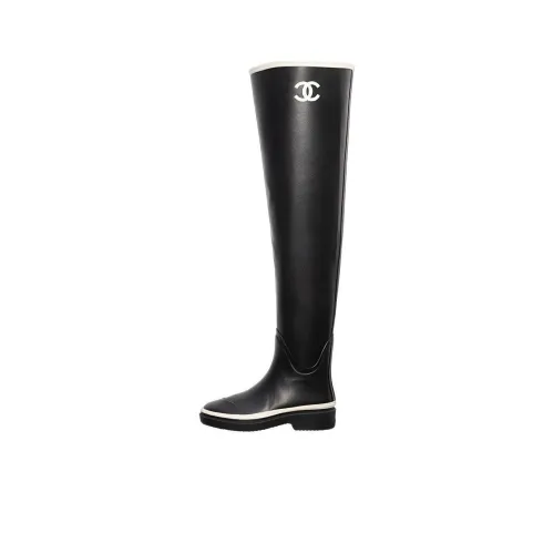 CHANEL Thigh High Rubber Rain Boots Black