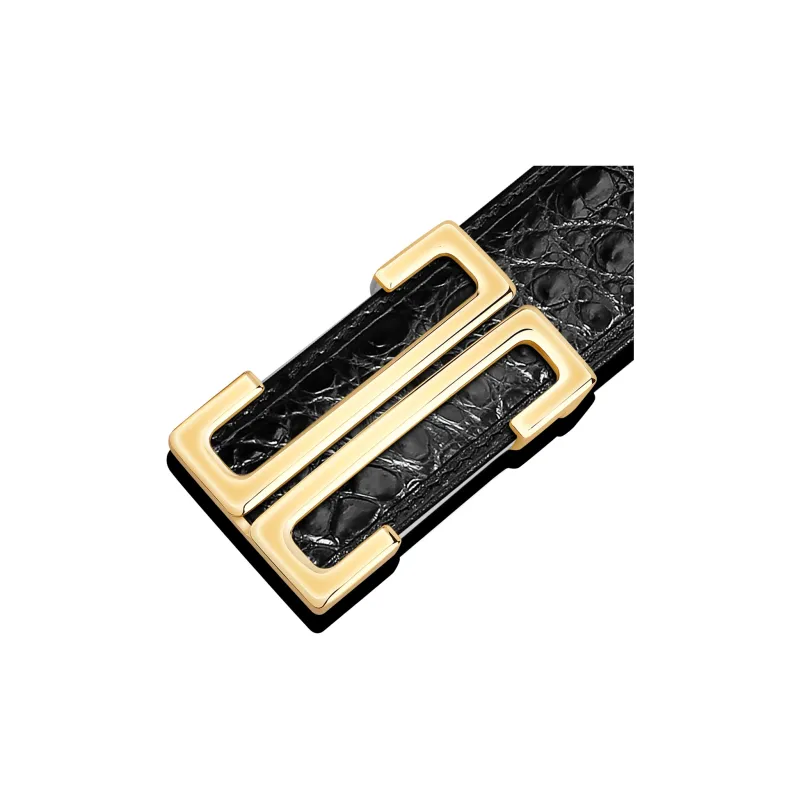 Jaylen Oos Smooth Buckle Crocodile Bone Leather Stainless Steel Leather Belts Men's Black 3.8cm-9