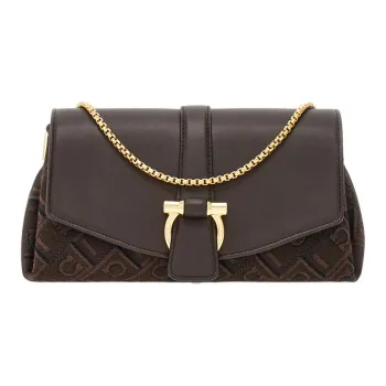 FERRAGAMO GANCINI Calfskin Patchwork Fabric Clutches Shoulder Bag Crossbody Bag Small Size Women's Coffee