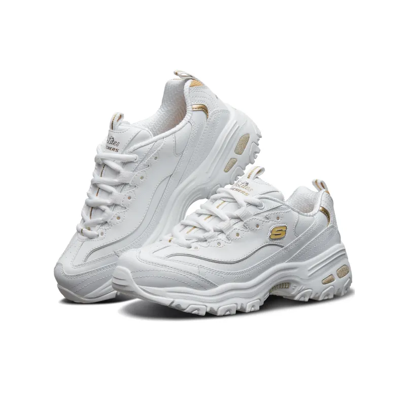 Skechers D'LITES 1.0 Cushioned Slip Resistant Breathable Low Top Chunky Sneakers Women's White Gold-4