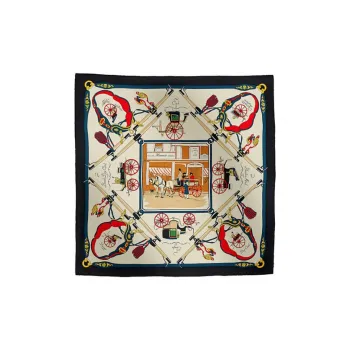 HERMES Mulberry Silk Scarves Women's Navy Blue/Cream/Red