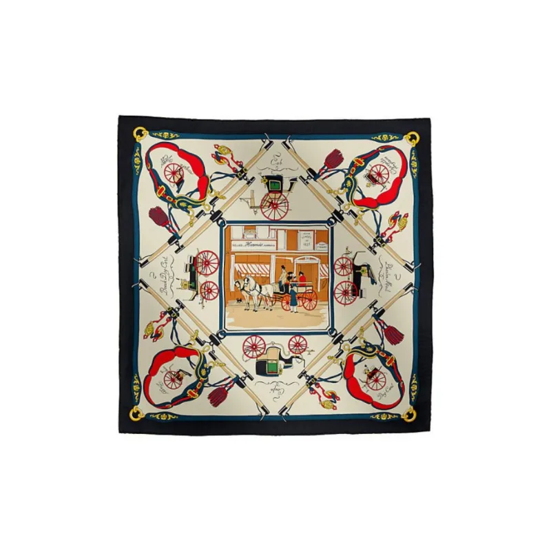 HERMES Mulberry Silk Scarves Women's Navy Blue/Cream/Red-0