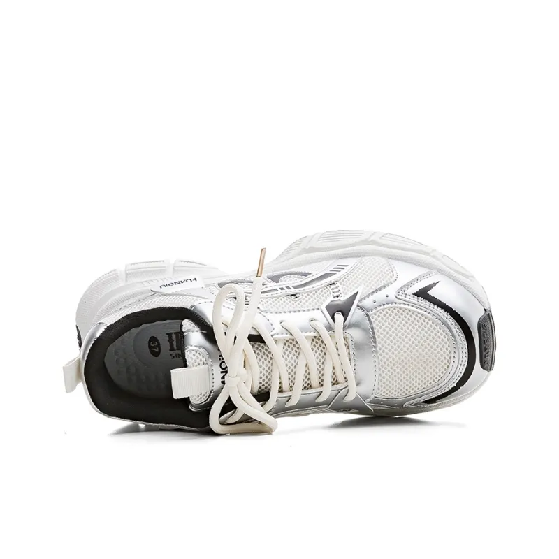 HUANQIU Abrasion Resistant Slip Resistant Low Top Chunky Sneakers Women's White Silver-3