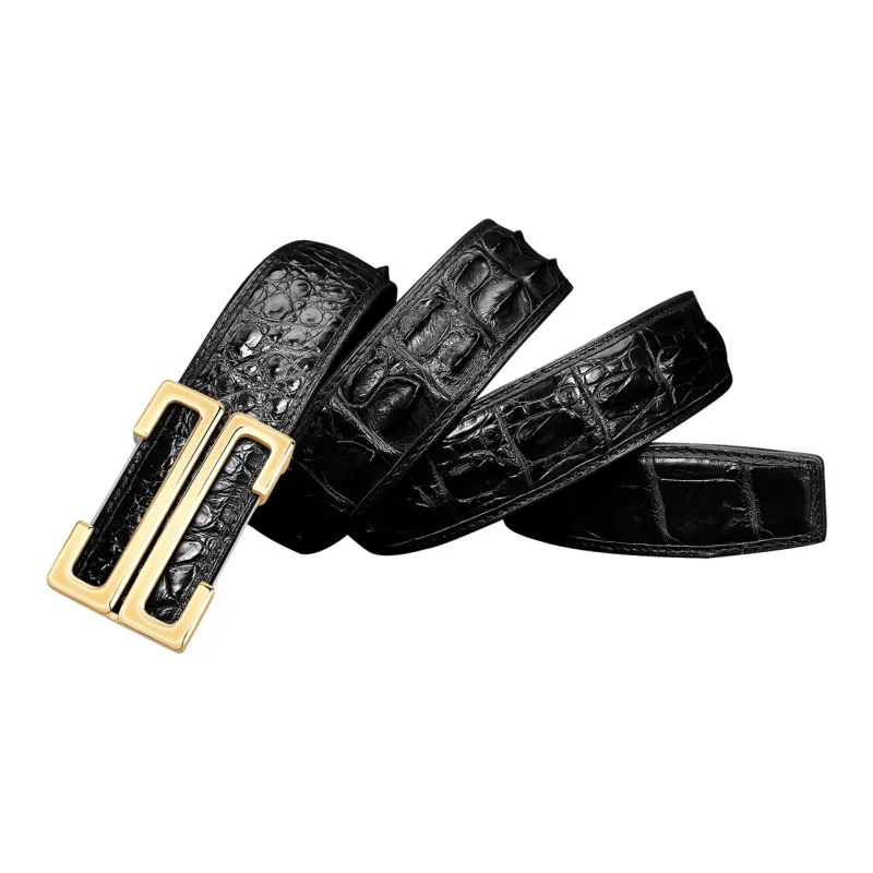 Jaylen Oos Smooth Buckle Crocodile Bone Leather Stainless Steel Leather Belts Men's Black 3.8cm-6