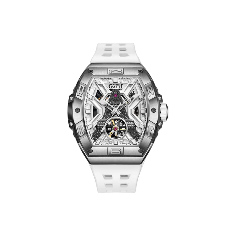 BONEST GATTI Automatic Mechanical Movement Rubber Strap Watch Men's Watches White Dial-1