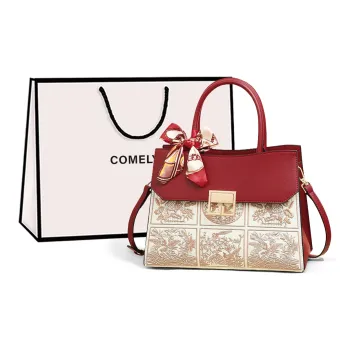 COMELY Cow Leather Patchwork Synthetic Leather Handbag Medium Size Women's Red/Blue