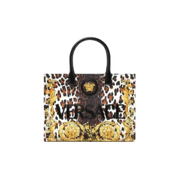VERSACE Canvas Tote Bag Shopping Bag Handbag Large Size Women's Gold & Brown