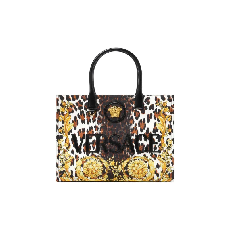 VERSACE Canvas Tote Bag Shopping Bag Handbag Large Size Women's Gold & Brown-0