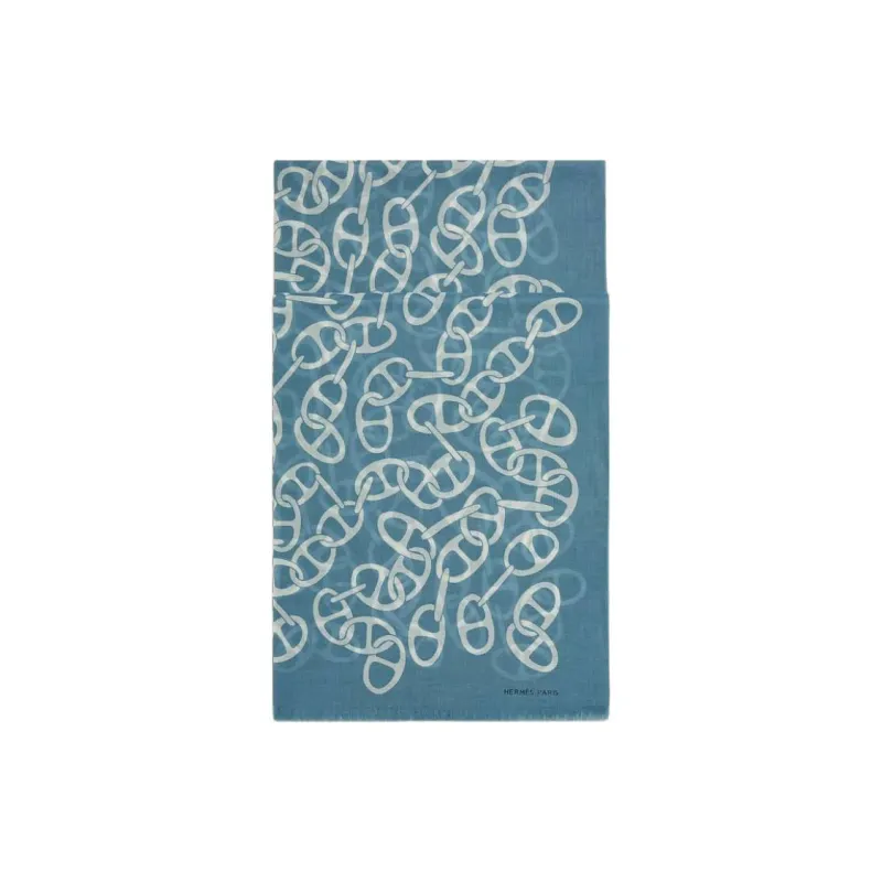 HERMES Cotton Knit Scarves Unisex Blue-1