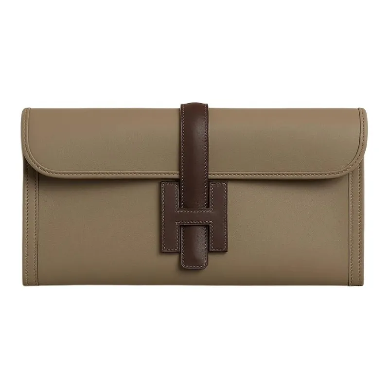 HERMES Jige Elan Swift Leather Clutch Women's Mocha & Umber-0