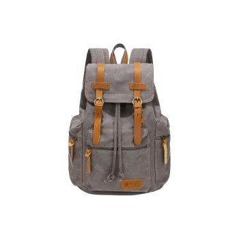 COTECi Crazy Horse Cow Leather, Washed Canvas Backpack Large Size Unisex Ink Gray/Gray/Coffee/Khaki