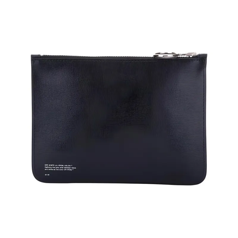 OFF WHITE Leather Pochette Clutch Unisex Black-3