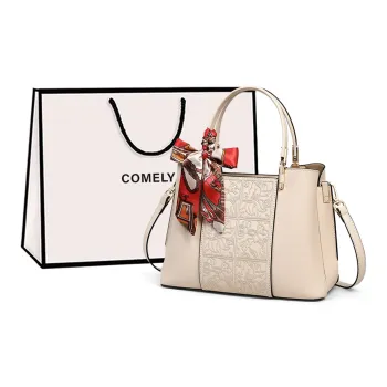 COMELY Cow Leather Patchwork Synthetic Leather One Shoulder Handbags Medium Size Women's Apricot