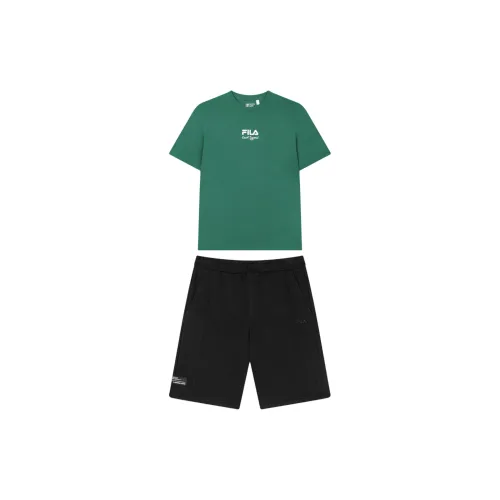 FILA Casual Sportswear Men Set Midsummer Green Short-Sleeved+Black Shorts