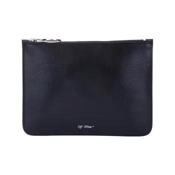 OFF WHITE Leather Pochette Clutch Unisex Black
