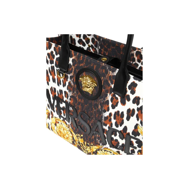 VERSACE Canvas Tote Bag Shopping Bag Handbag Large Size Women's Gold & Brown-4