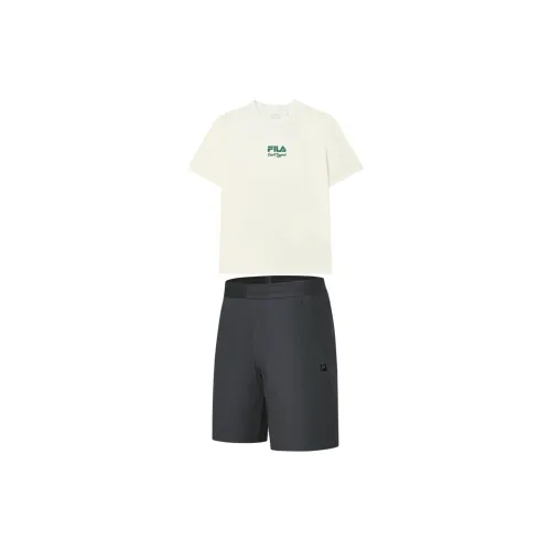 FILA Casual Sportswear Men Set Sweet Milk White Short-Sleeved+Deep Ink Grey Shorts