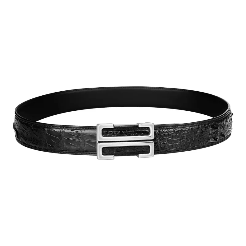 Jaylen Oos Smooth Buckle Crocodile Bone Leather Stainless Steel Leather Belts Men's Black 3.8cm-3