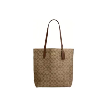 COACH Iconic Canvas With Leather Tote Bag, Shopping Bag, Shoulder Bag, Handbag Tubas Women's Gold & Khaki