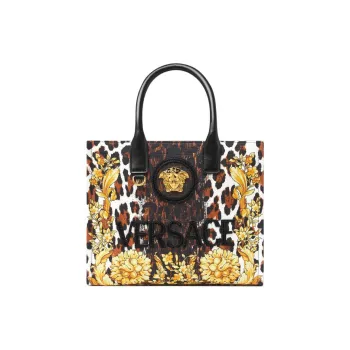 VERSACE Canvas Baby Bag Tote Bag Shopping Bag Shoulder Bag Crossbody Bag Handbag Small Size Women's Gold & Brown
