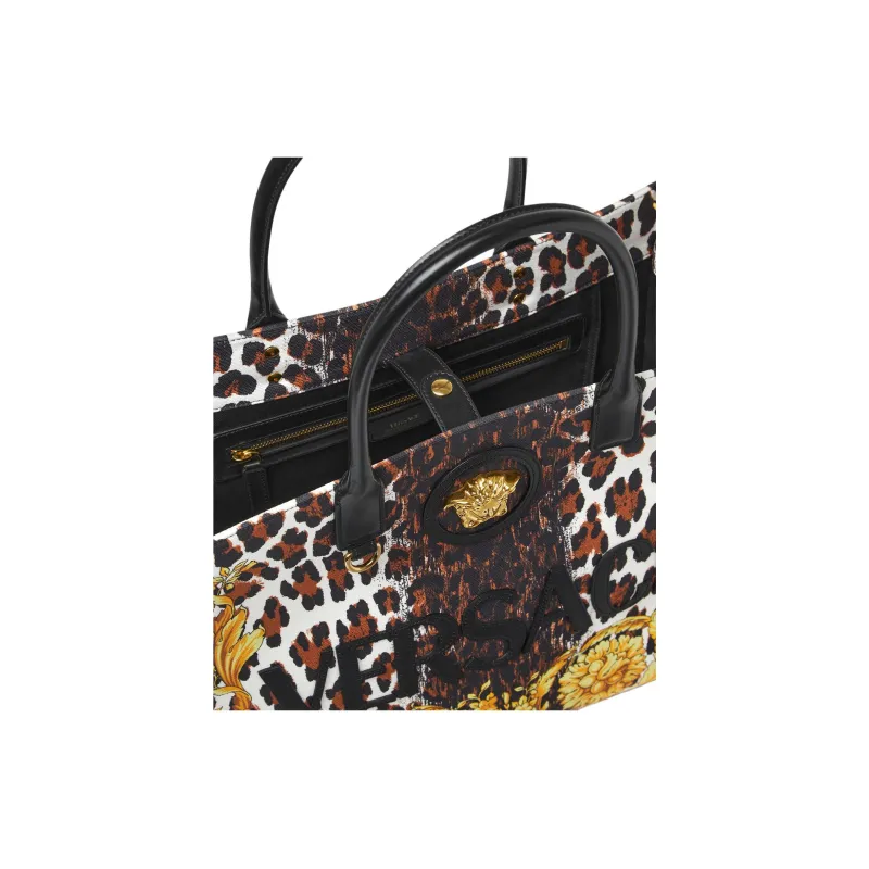 VERSACE Canvas Tote Bag Shopping Bag Handbag Large Size Women's Gold & Brown-3
