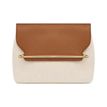 Strathberry Grained Calfskin With Canvas Wallets Shoulder Bag Crossbody Bag Large Size Women's Light Brown & Umber