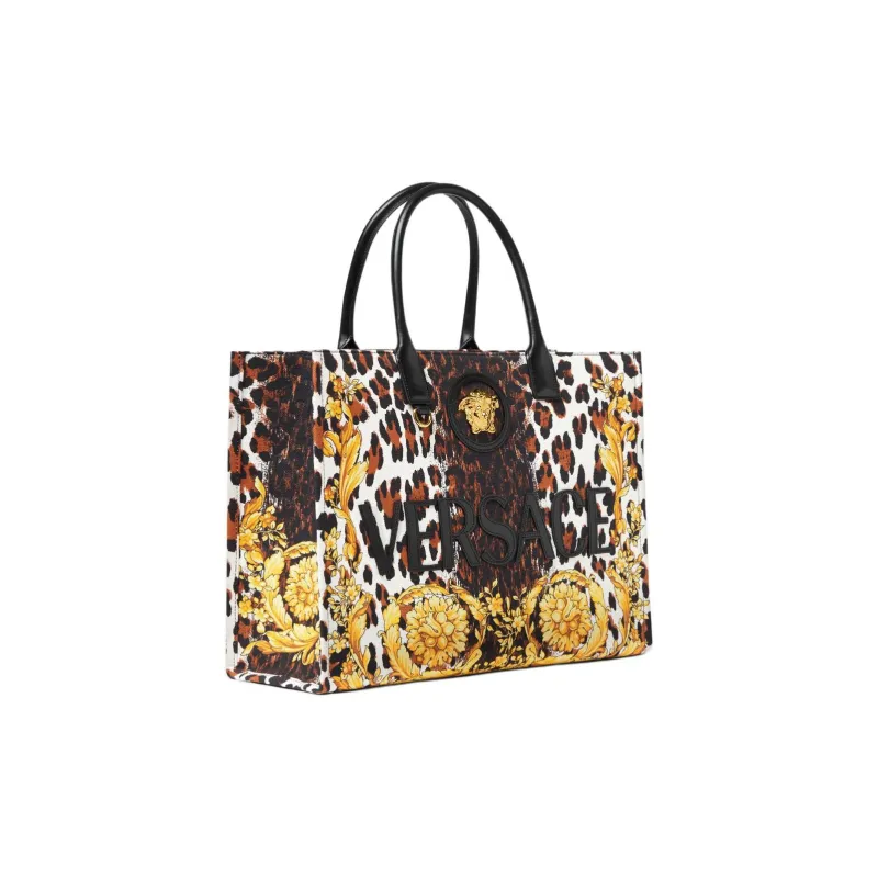 VERSACE Canvas Tote Bag Shopping Bag Handbag Large Size Women's Gold & Brown-1