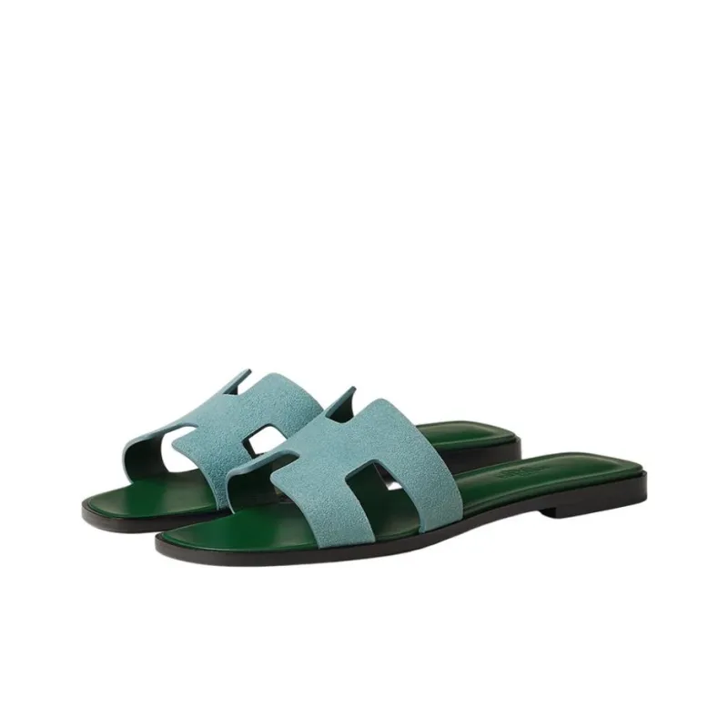 HERMES Oran Sandal Vert D'eau Suede Goatskin-2