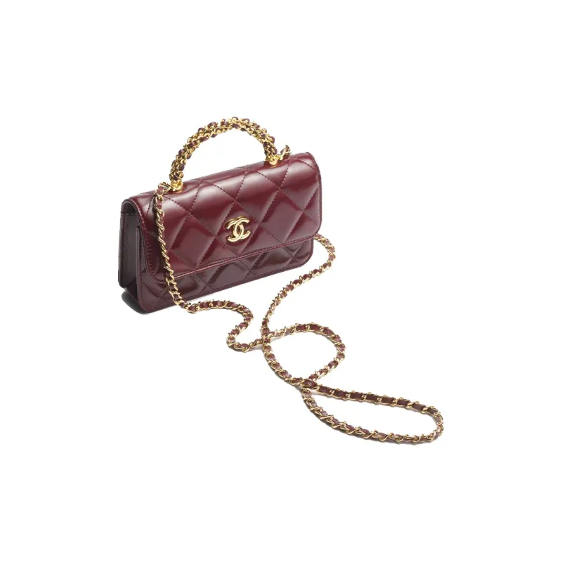 CHANEL Lambskin Portable One Shoulder Crossbody Cell Phone Pouch Women's Burgundy-1