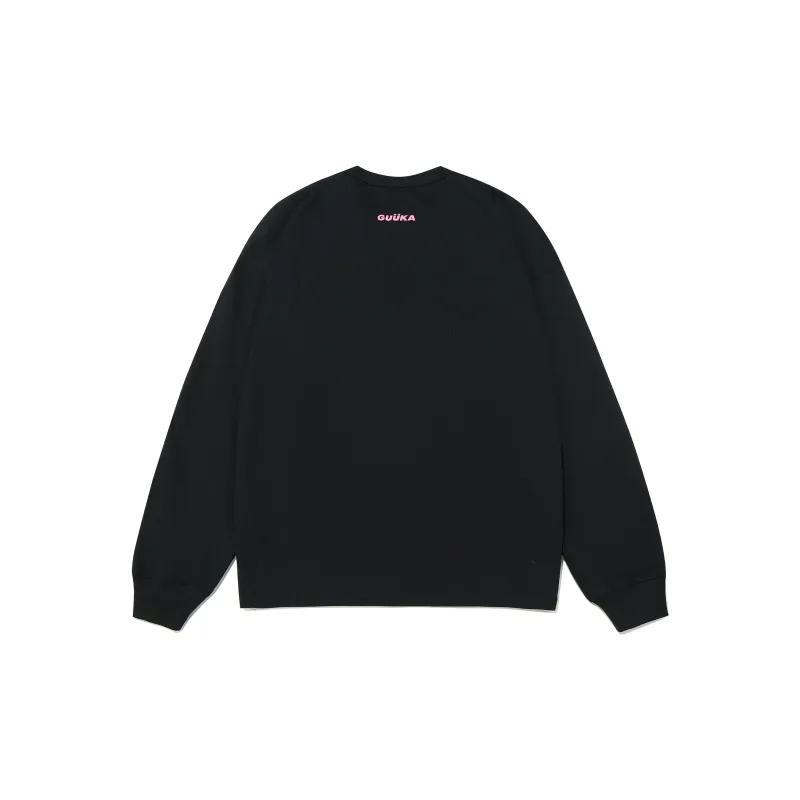 Guuka Crew Neck Drop Shoulder Loose Fit Couple 100% Cotton Long Sleeved T Shirt Unisex Black-1