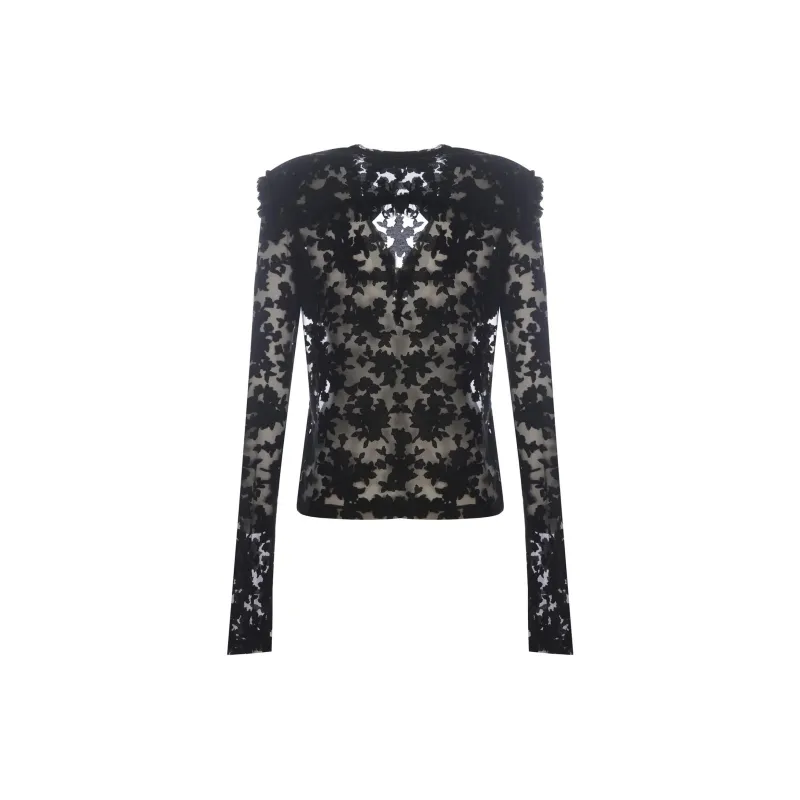 PHILOSOPHY DI LORENZO SERAFINI Floral Motif V Neck Semi Sheer Blouse-1