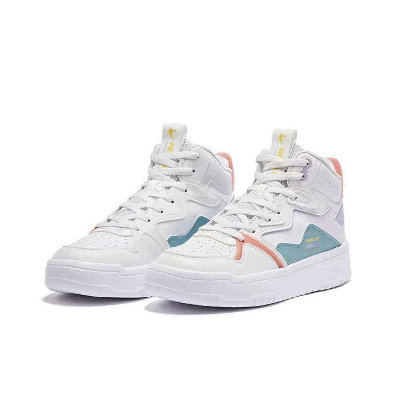 QIAODAN Coverage Anti-Slip And Wear-Resistant High-Top Skateboard Shoes Women's White Blue Purple-1