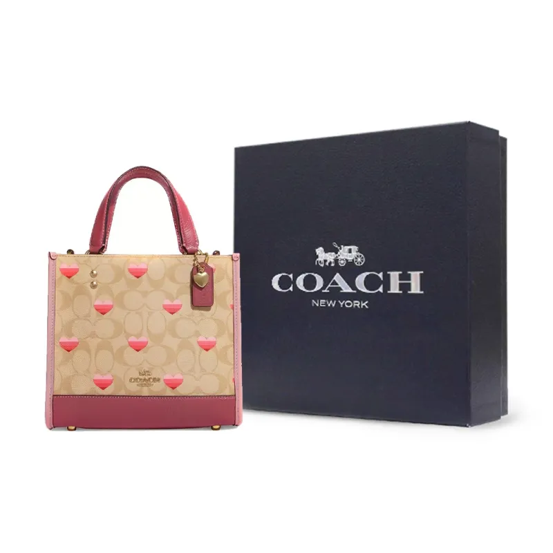 COACH Dempsey Canvas, Leather Tote Bag, Shopping Bag, Crossbody Bag Trumpets Women's Brown & Pink-10