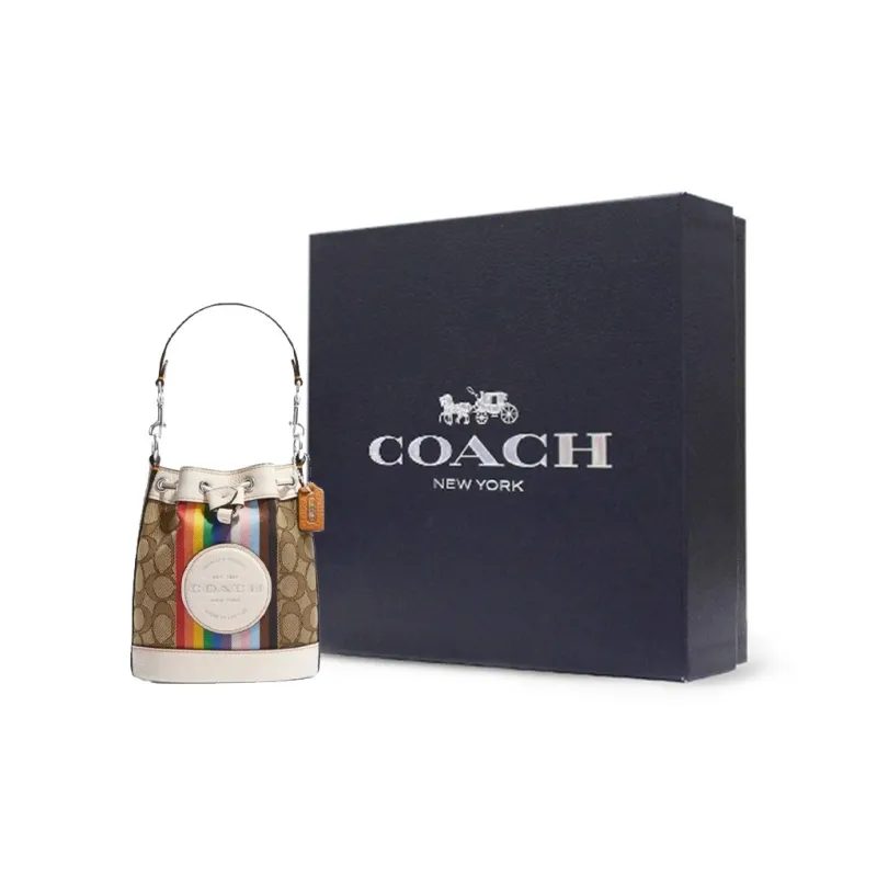 COACH Dempsey Canvas With Leather Bucket Bag, Shoulder Bag, Crossbody Bag Mini Women's Brown & White-6