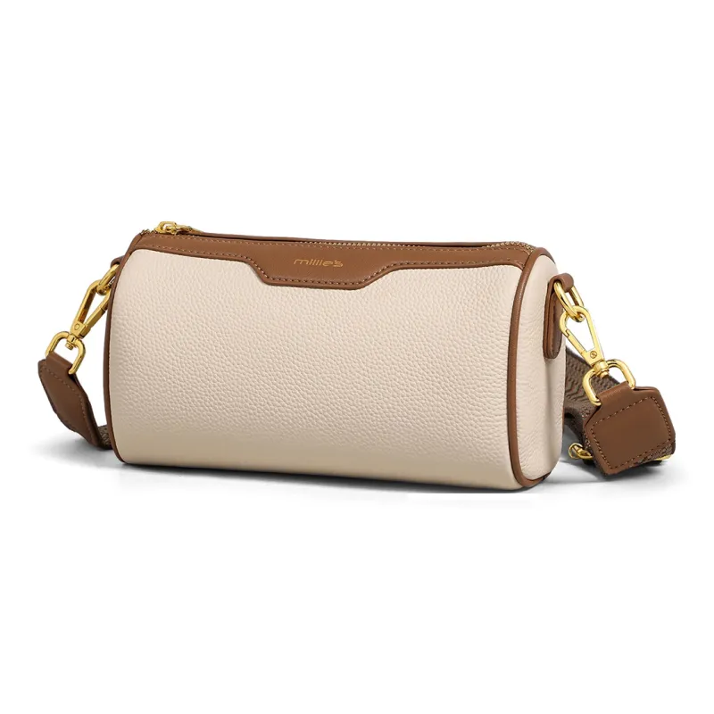 MILLIE'S Cow Leather With Synthetic Leather Shoulder Bag, Crossbody Bag, Cylinder Bag Regular Women's White & Brown-3