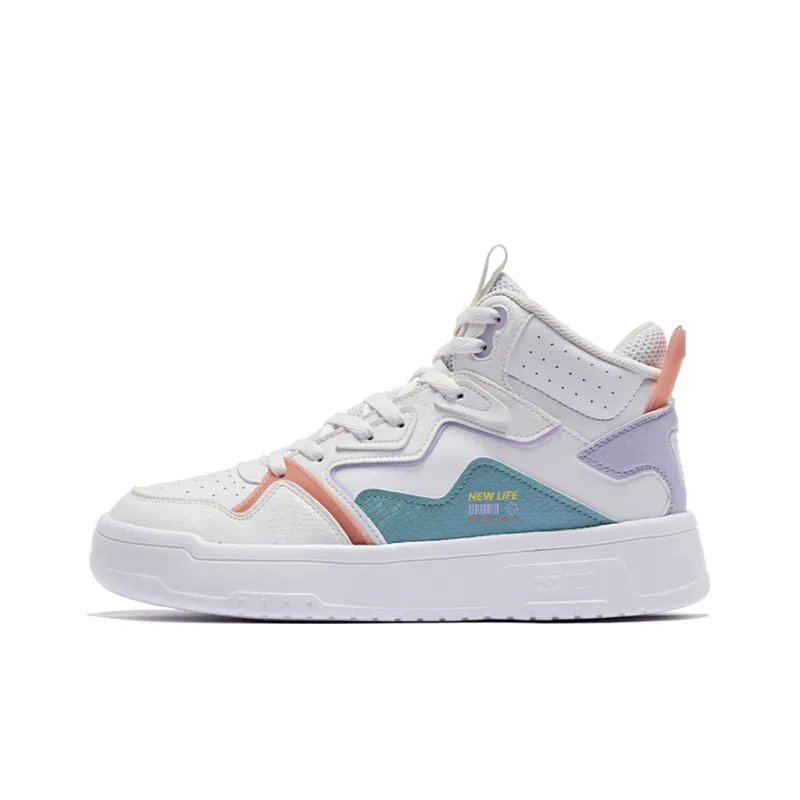 QIAODAN Coverage Anti-Slip And Wear-Resistant High-Top Skateboard Shoes Women's White Blue Purple-0