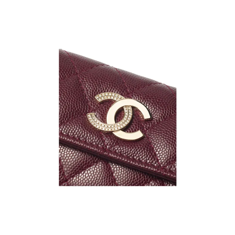 CHANEL Shiny Grain Embossed Caviar Calfskin Card Holder Women's Burgundy-3