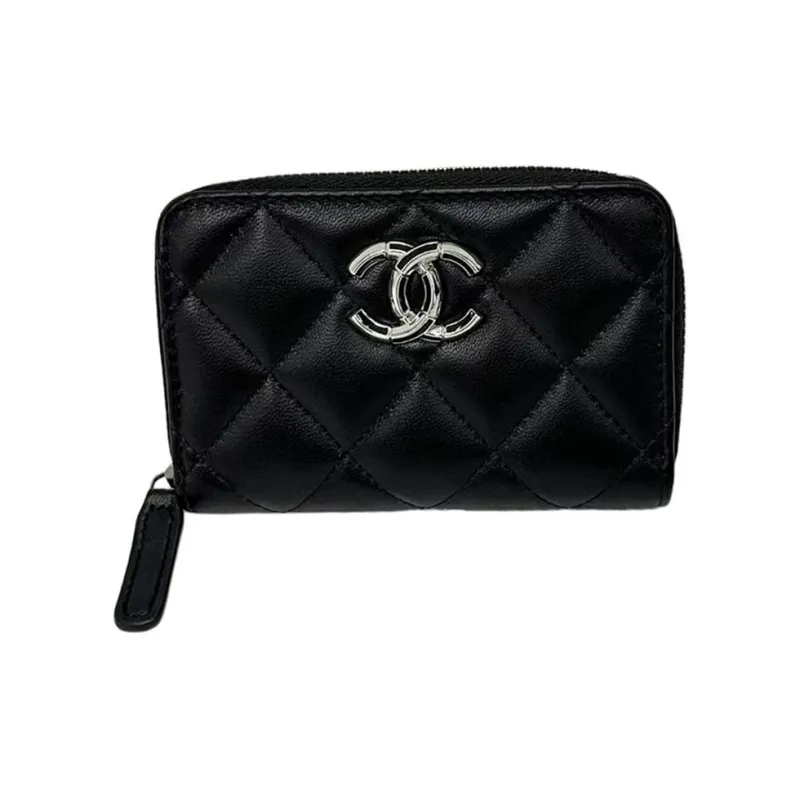 CHANEL Leather Coin Purse Women's Black-0