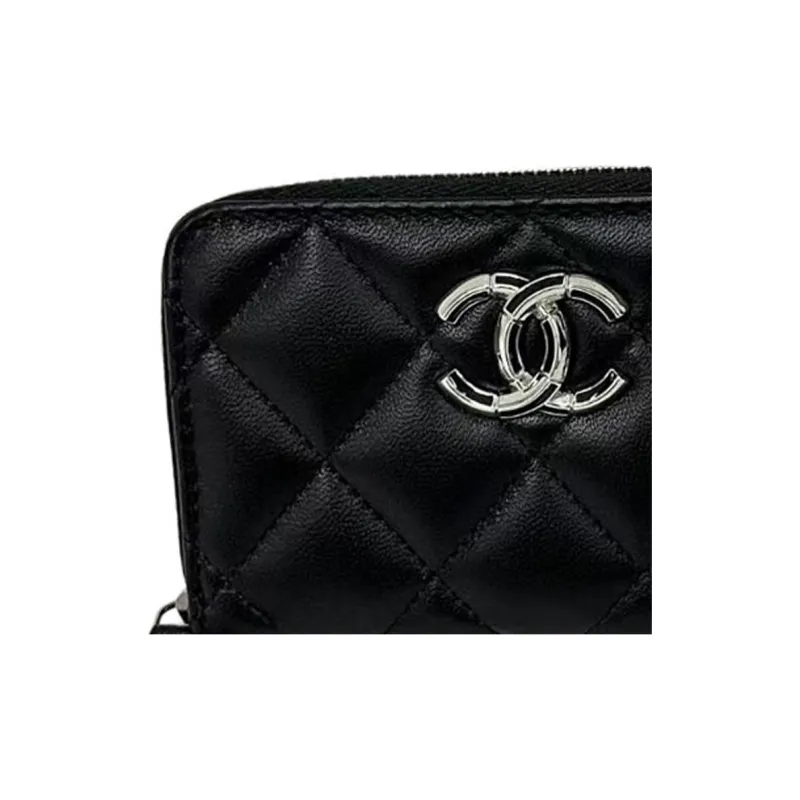 CHANEL Leather Coin Purse Women's Black-7