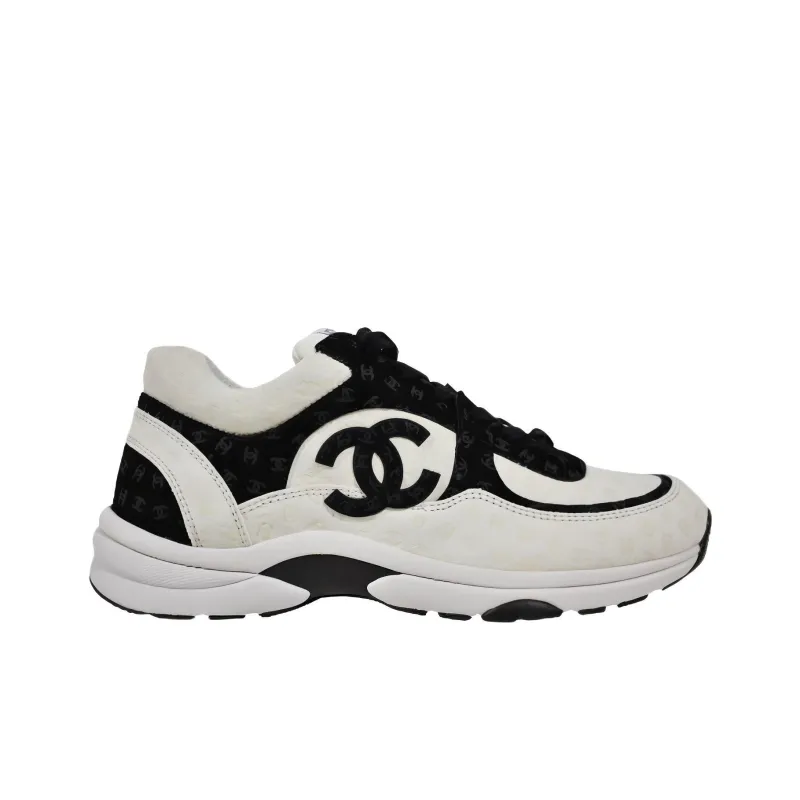 CHANEL Cc Embossed Logo White Black Suede Women's-1