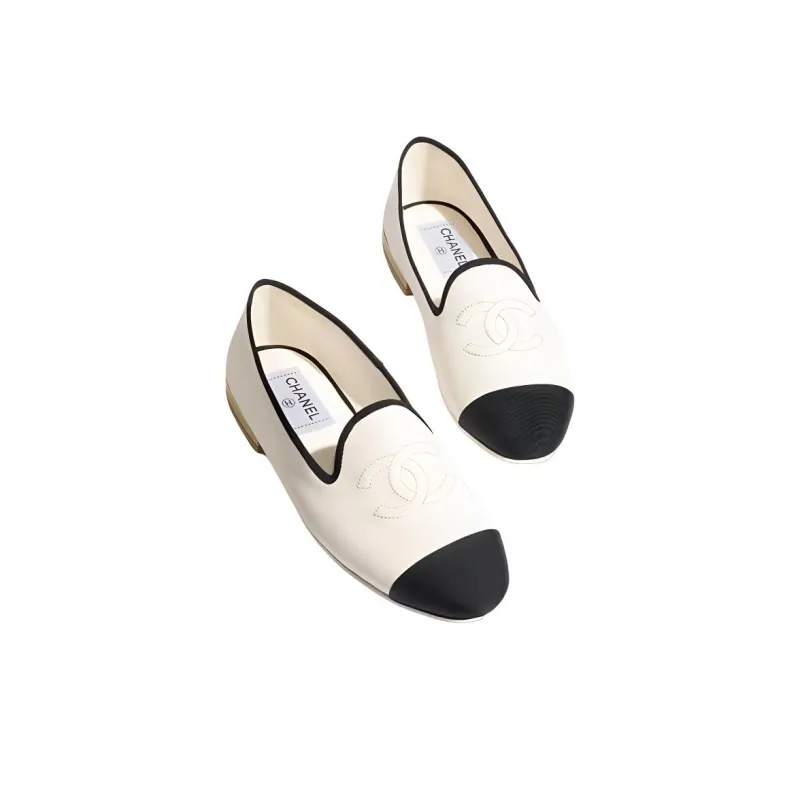 CHANEL Cc Loafers White Black Lambskin Women's-3