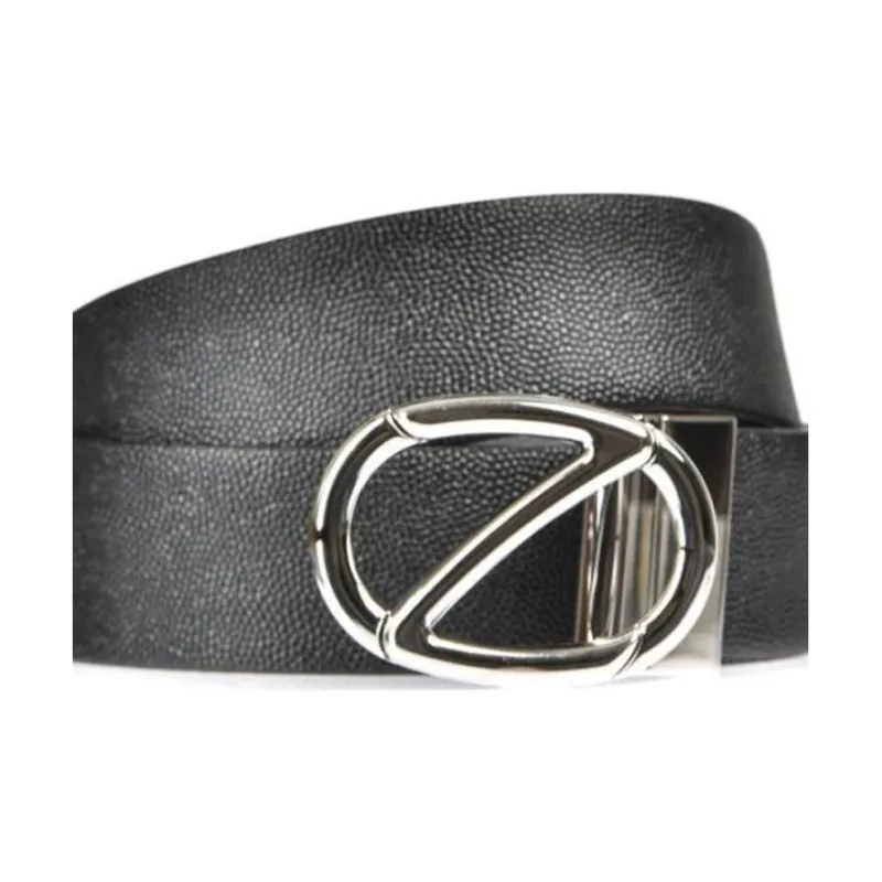 Zegna Solid Color Design, Smooth Buckle Calfskin Leather Belts Men's Black-2