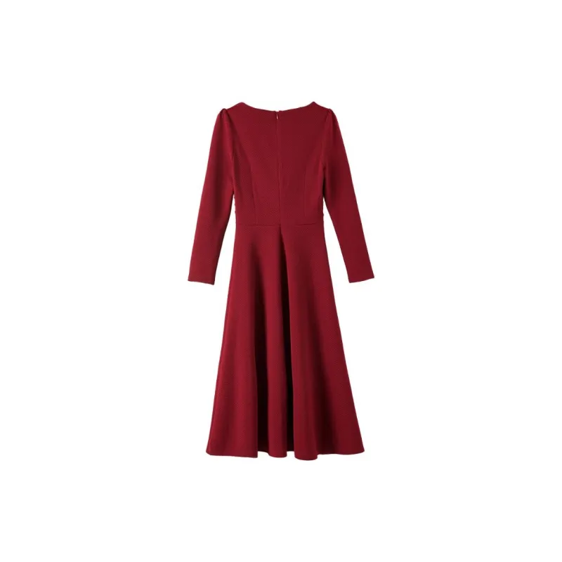 Late White Long Sleeved Dress Women's Burgundy-1