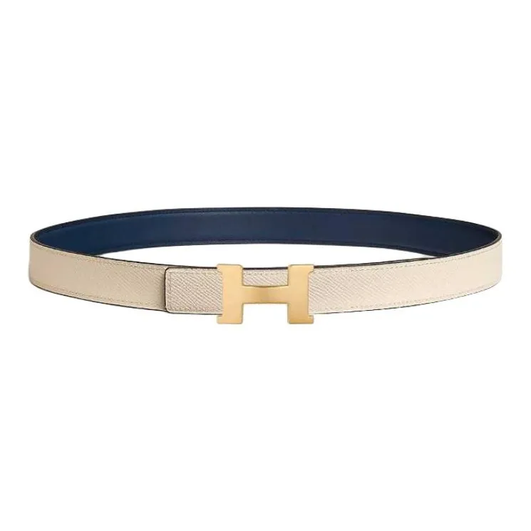 HERMES Mini Constance Smooth Buckle Calfskin Metal Gold-Plated Leather Belts Women's Blue/Beige Width 2.4CM-1