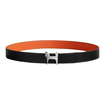 HERMES Double Sided Design Smooth Buckle Calfskin Stainless Steel Leather Belts Men's Black/Orange Width  3.2CM