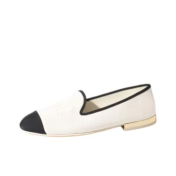 CHANEL Cc Loafers White Black Lambskin Women's