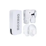 BOX Boxing Gloves White Silver 1 Pair+Punch Pads 2 Pcs+Kick Pads 1 Pc