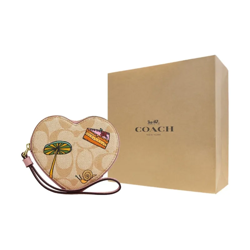COACH Observed By Us Collaboration Heart Artificial Leather Coin Purse Mini Women's Light Khaki & Light Pink-2