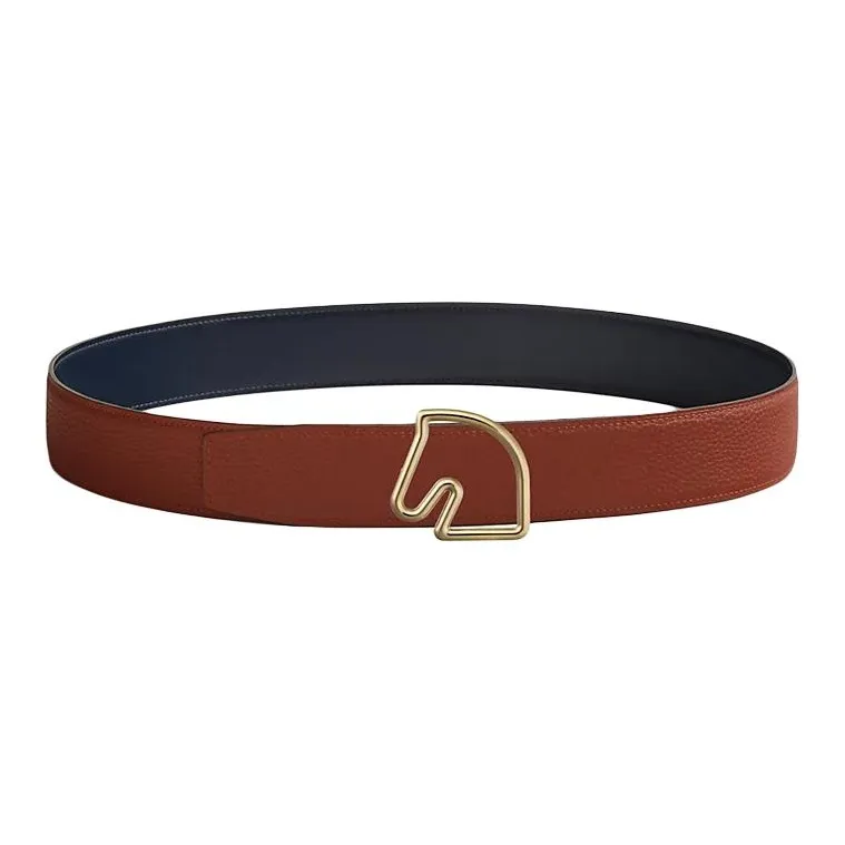 HERMES Tete De Cheval Smooth Buckle Calfskin, Brass Leather Belts Men's Blue Width 3.8CM-1