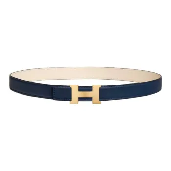 HERMES Mini Constance Smooth Buckle Calfskin Metal Gold-Plated Leather Belts Women's Blue/Beige Width 2.4CM